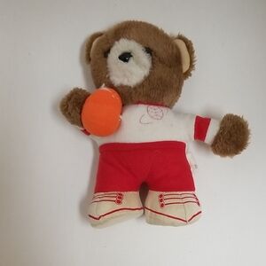 Vintage Brown and Red Stuffed Bear with Orange Ball